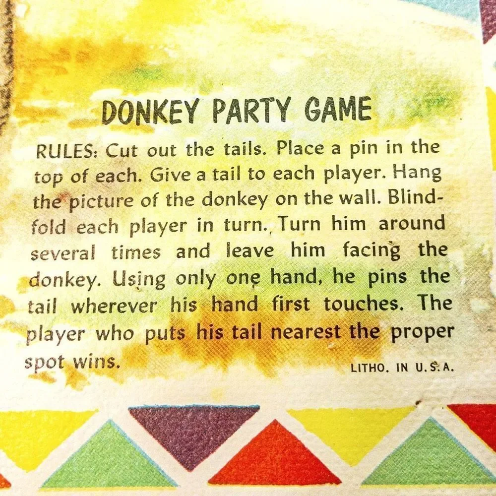 VTG 1952 Party Fun Donkey Party Pin the Tail Whitman
